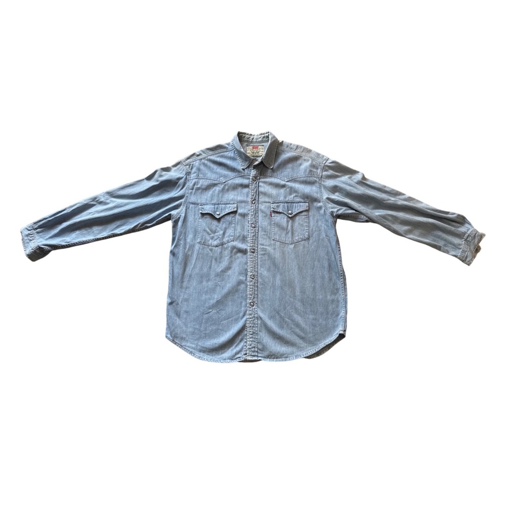 Levis Mens XL Light Wash Denim Western Snap Button Long Sleeve Shirt Blue